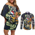 Aussie Honeyeaters Banksia Christmas Couples Matching Off Shoulder Short Dress and Long Sleeve Button Shirt Aboriginal Dots Painting Blue Motif - Aussie Hoodie