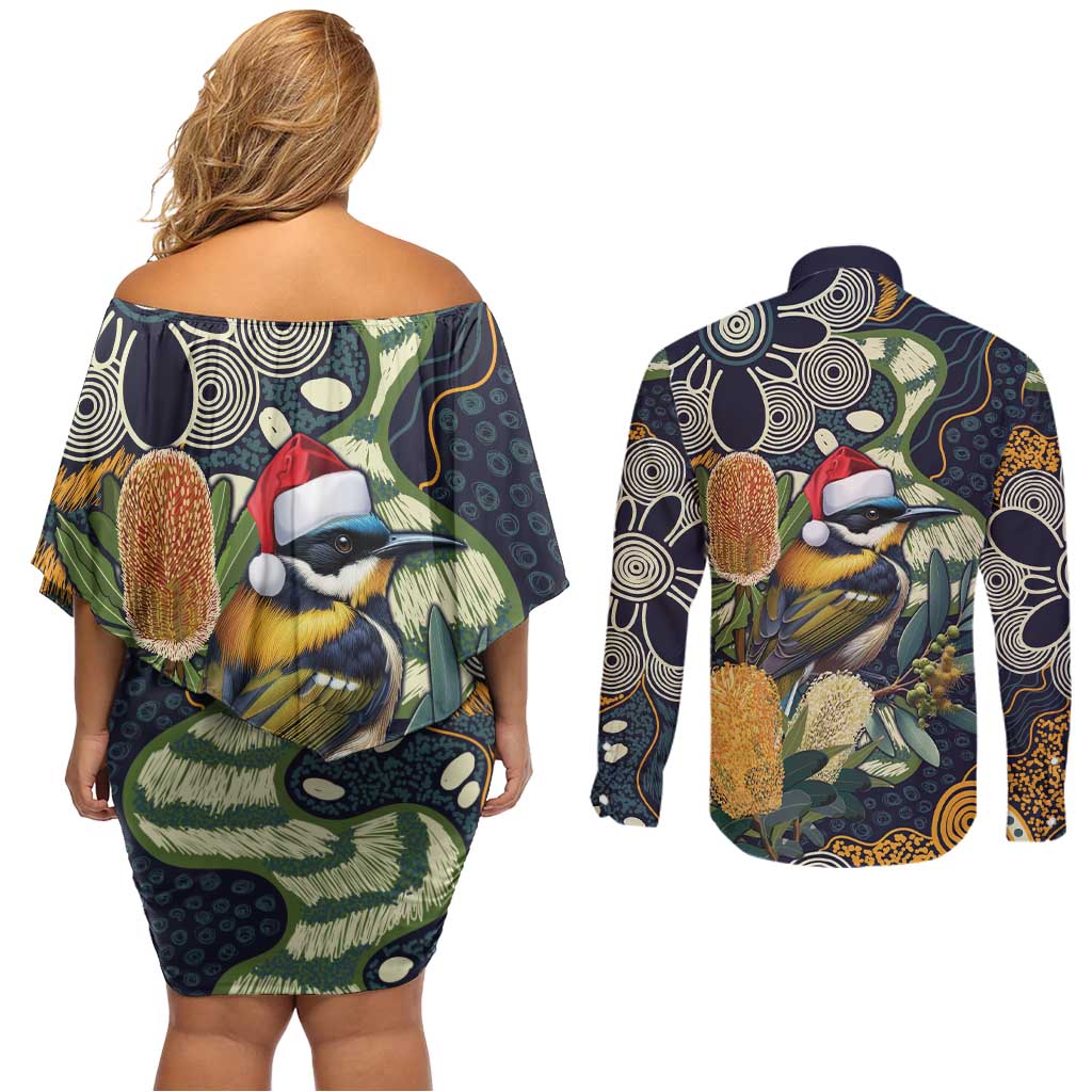 Aussie Honeyeaters Banksia Christmas Couples Matching Off Shoulder Short Dress and Long Sleeve Button Shirt Aboriginal Dots Painting Blue Motif - Aussie Hoodie