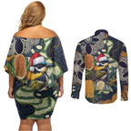 Aussie Honeyeaters Banksia Christmas Couples Matching Off Shoulder Short Dress and Long Sleeve Button Shirt Aboriginal Dots Painting Blue Motif - Aussie Hoodie