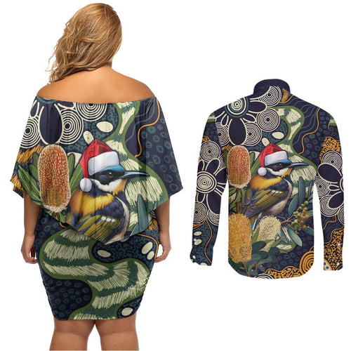 Aussie Honeyeaters Banksia Christmas Couples Matching Off Shoulder Short Dress and Long Sleeve Button Shirt Aboriginal Dots Painting Blue Motif - Aussie Hoodie