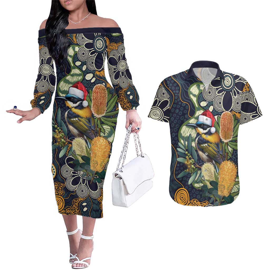 Aussie Honeyeaters Banksia Christmas Couples Matching Off The Shoulder Long Sleeve Dress and Hawaiian Shirt Aboriginal Dots Painting Blue Motif - Aussie Hoodie