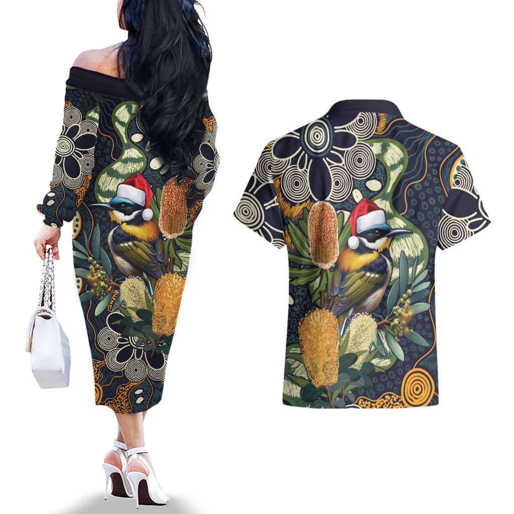 Aussie Honeyeaters Banksia Christmas Couples Matching Off The Shoulder Long Sleeve Dress and Hawaiian Shirt Aboriginal Dots Painting Blue Motif - Aussie Hoodie