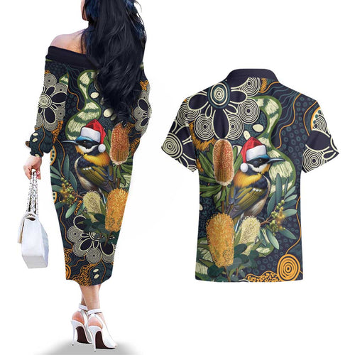 Aussie Honeyeaters Banksia Christmas Couples Matching Off The Shoulder Long Sleeve Dress and Hawaiian Shirt Aboriginal Dots Painting Blue Motif - Aussie Hoodie