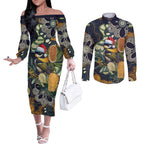 Aussie Honeyeaters Banksia Christmas Couples Matching Off The Shoulder Long Sleeve Dress and Long Sleeve Button Shirt Aboriginal Dots Painting Blue Motif - Aussie Hoodie