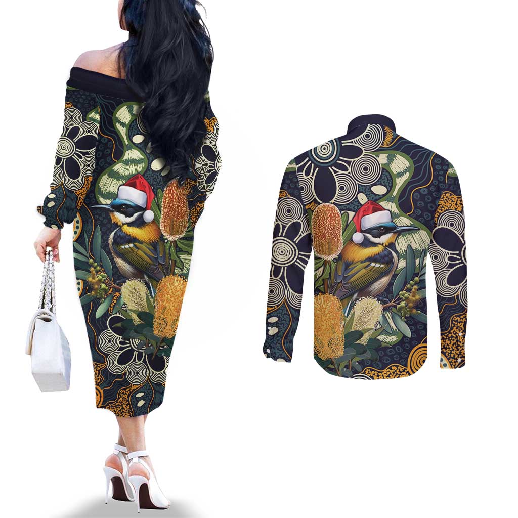 Aussie Honeyeaters Banksia Christmas Couples Matching Off The Shoulder Long Sleeve Dress and Long Sleeve Button Shirt Aboriginal Dots Painting Blue Motif - Aussie Hoodie
