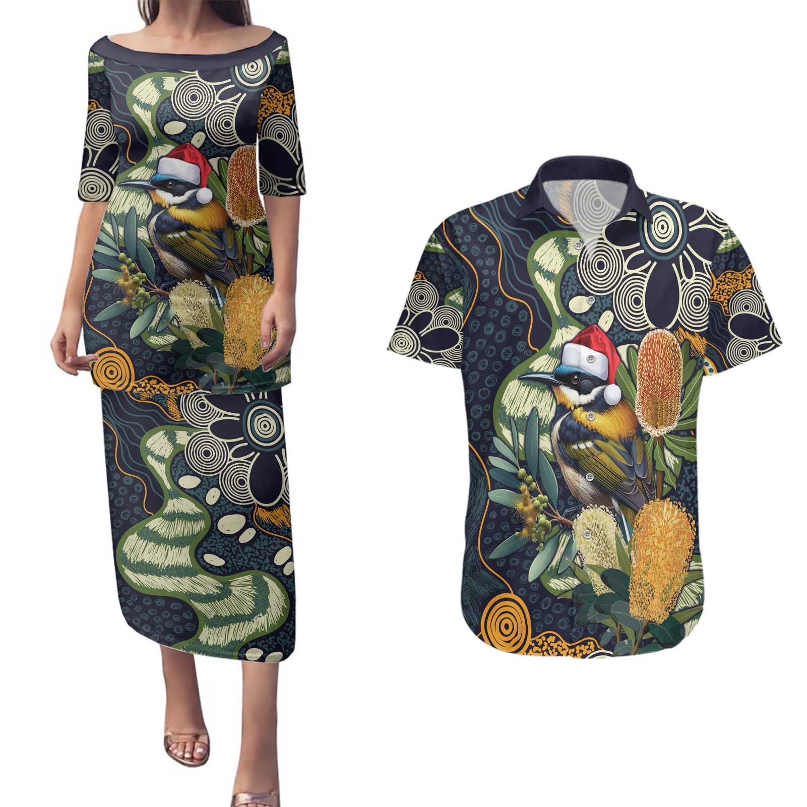 Aussie Honeyeaters Banksia Christmas Couples Matching Puletasi and Hawaiian Shirt Aboriginal Dots Painting Blue Motif - Aussie Hoodie