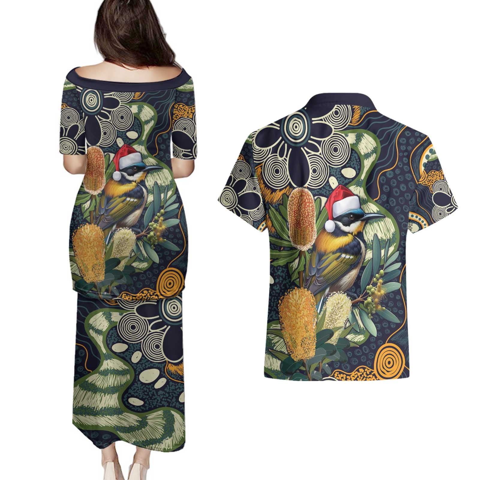 Aussie Honeyeaters Banksia Christmas Couples Matching Puletasi and Hawaiian Shirt Aboriginal Dots Painting Blue Motif - Aussie Hoodie