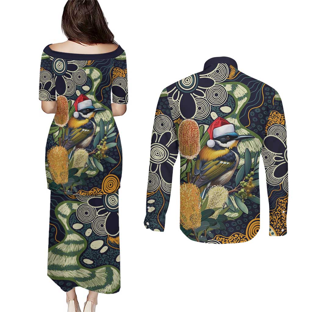 Aussie Honeyeaters Banksia Christmas Couples Matching Puletasi and Long Sleeve Button Shirt Aboriginal Dots Painting Blue Motif - Aussie Hoodie