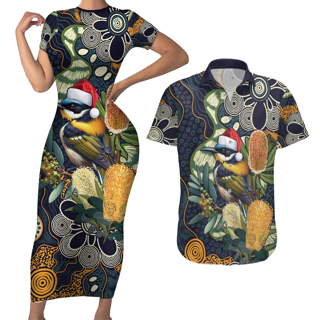 Aussie Honeyeaters Banksia Christmas Couples Matching Short Sleeve Bodycon Dress and Hawaiian Shirt Aboriginal Dots Painting Blue Motif - Aussie Hoodie