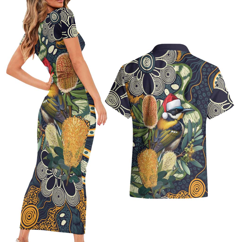 Aussie Honeyeaters Banksia Christmas Couples Matching Short Sleeve Bodycon Dress and Hawaiian Shirt Aboriginal Dots Painting Blue Motif - Aussie Hoodie