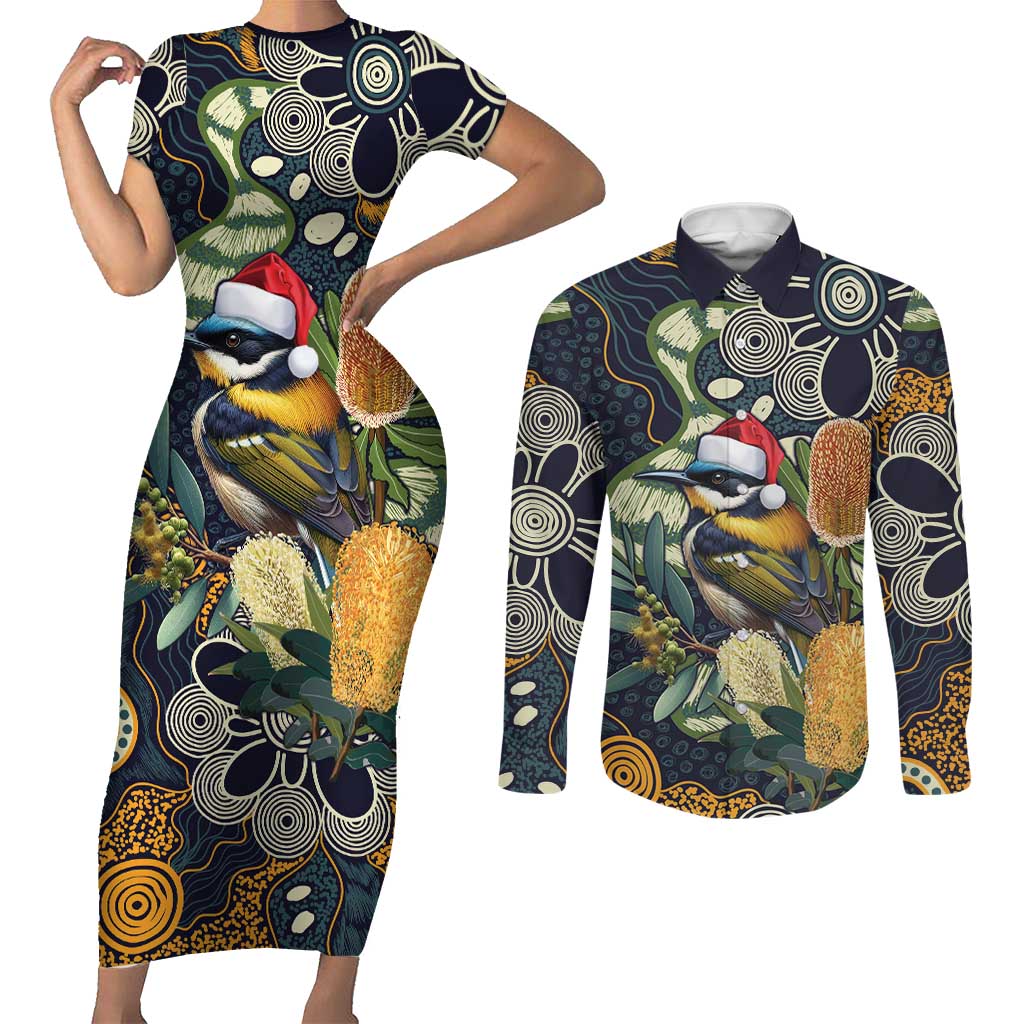 Aussie Honeyeaters Banksia Christmas Couples Matching Short Sleeve Bodycon Dress and Long Sleeve Button Shirt Aboriginal Dots Painting Blue Motif - Aussie Hoodie