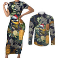 Aussie Honeyeaters Banksia Christmas Couples Matching Short Sleeve Bodycon Dress and Long Sleeve Button Shirt Aboriginal Dots Painting Blue Motif - Aussie Hoodie