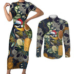 Aussie Honeyeaters Banksia Christmas Couples Matching Short Sleeve Bodycon Dress and Long Sleeve Button Shirt Aboriginal Dots Painting Blue Motif - Aussie Hoodie