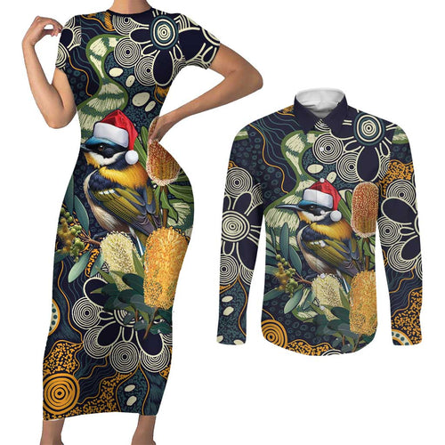 Aussie Honeyeaters Banksia Christmas Couples Matching Short Sleeve Bodycon Dress and Long Sleeve Button Shirt Aboriginal Dots Painting Blue Motif - Aussie Hoodie