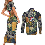 Aussie Honeyeaters Banksia Christmas Couples Matching Short Sleeve Bodycon Dress and Long Sleeve Button Shirt Aboriginal Dots Painting Blue Motif - Aussie Hoodie
