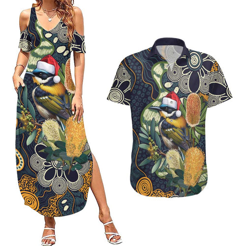Aussie Honeyeaters Banksia Christmas Couples Matching Summer Maxi Dress and Hawaiian Shirt Aboriginal Dots Painting Blue Motif - Aussie Hoodie