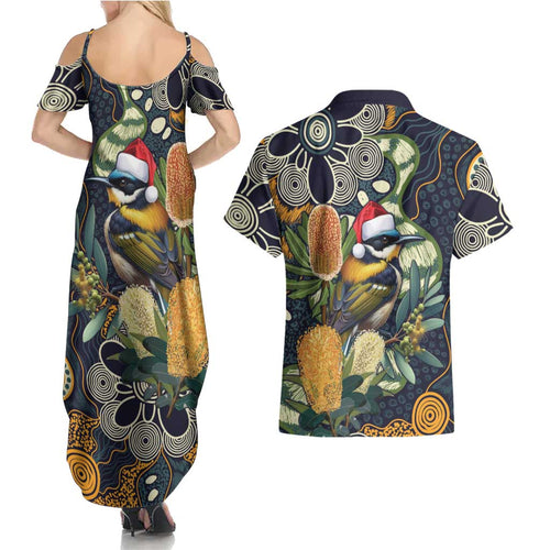 Aussie Honeyeaters Banksia Christmas Couples Matching Summer Maxi Dress and Hawaiian Shirt Aboriginal Dots Painting Blue Motif - Aussie Hoodie