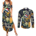 Aussie Honeyeaters Banksia Christmas Couples Matching Summer Maxi Dress and Long Sleeve Button Shirt Aboriginal Dots Painting Blue Motif - Aussie Hoodie