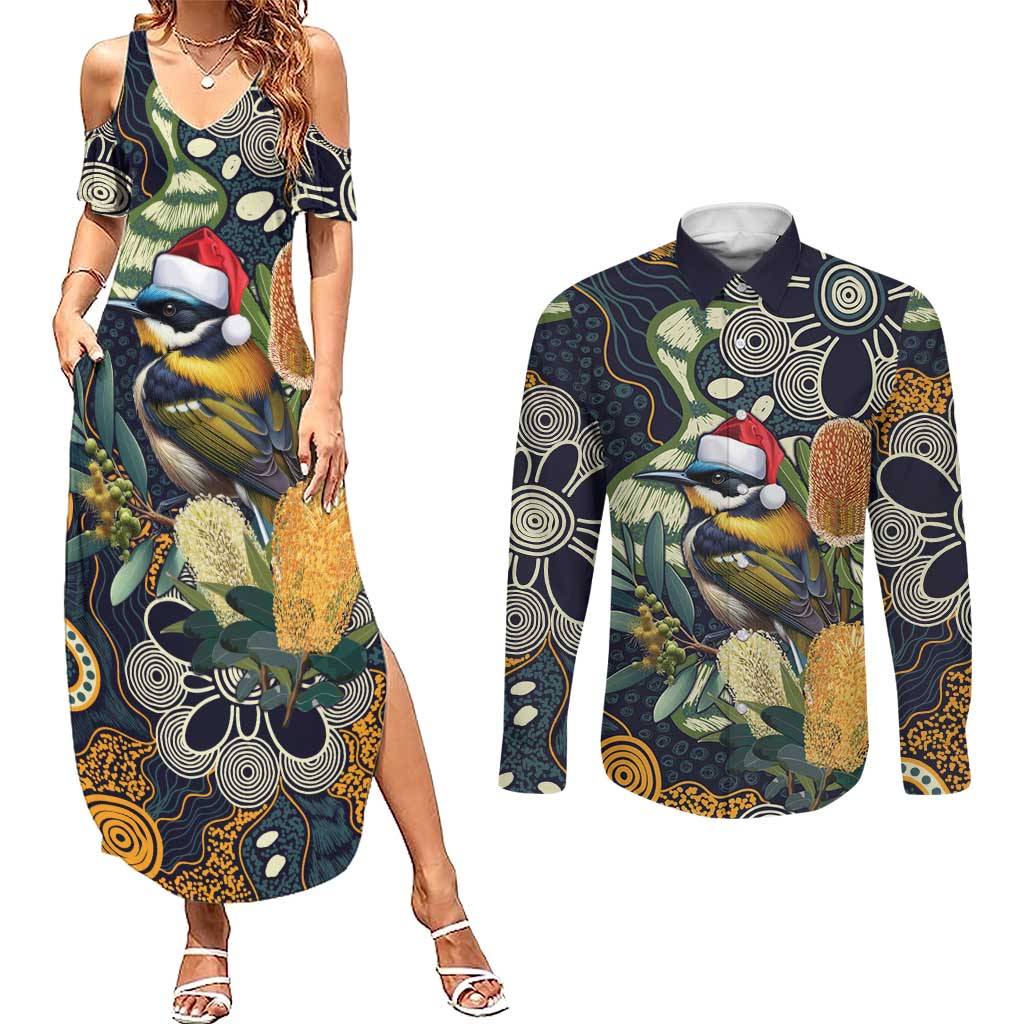 Aussie Honeyeaters Banksia Christmas Couples Matching Summer Maxi Dress and Long Sleeve Button Shirt Aboriginal Dots Painting Blue Motif - Aussie Hoodie