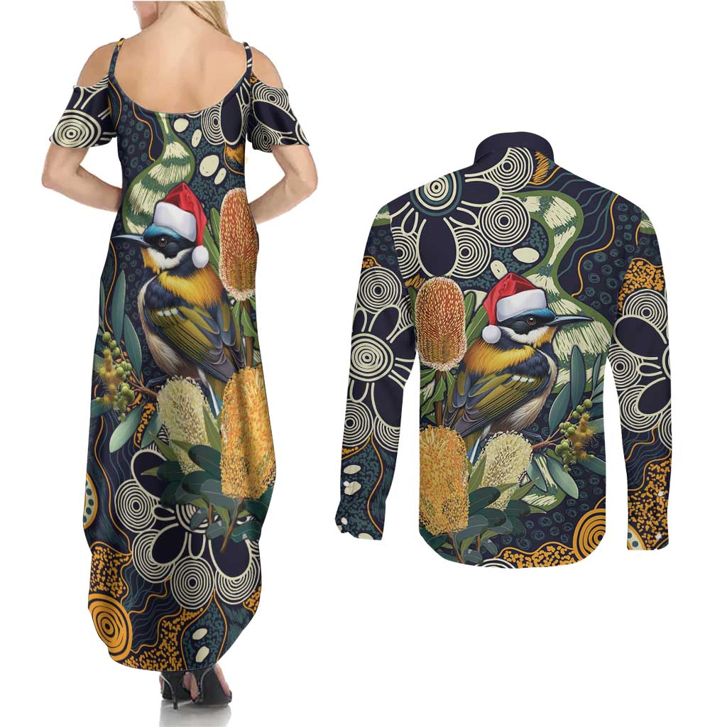 Aussie Honeyeaters Banksia Christmas Couples Matching Summer Maxi Dress and Long Sleeve Button Shirt Aboriginal Dots Painting Blue Motif - Aussie Hoodie