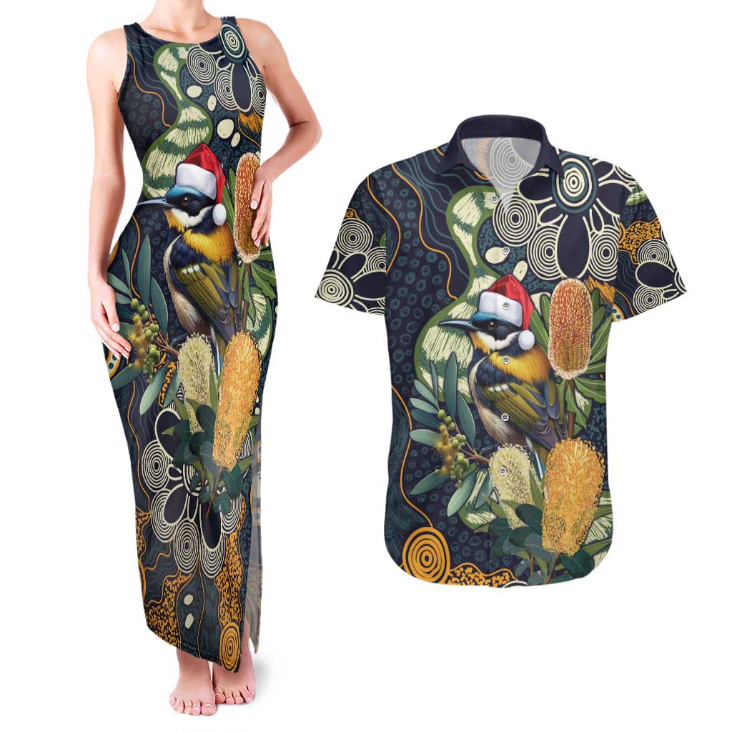 Aussie Honeyeaters Banksia Christmas Couples Matching Tank Maxi Dress and Hawaiian Shirt Aboriginal Dots Painting Blue Motif - Aussie Hoodie