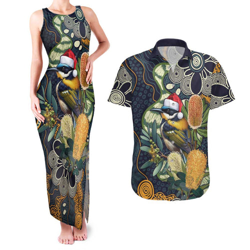 Aussie Honeyeaters Banksia Christmas Couples Matching Tank Maxi Dress and Hawaiian Shirt Aboriginal Dots Painting Blue Motif - Aussie Hoodie