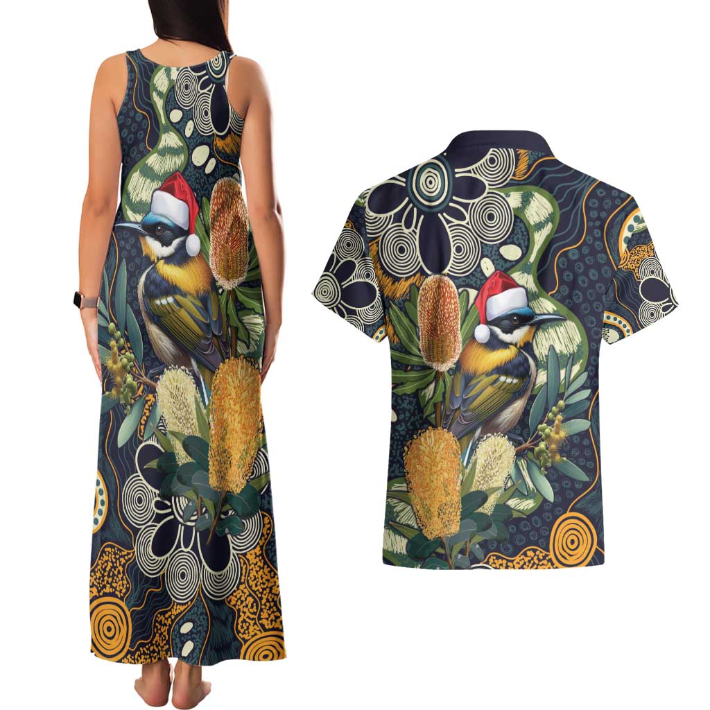 Aussie Honeyeaters Banksia Christmas Couples Matching Tank Maxi Dress and Hawaiian Shirt Aboriginal Dots Painting Blue Motif - Aussie Hoodie