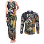 Aussie Honeyeaters Banksia Christmas Couples Matching Tank Maxi Dress and Long Sleeve Button Shirt Aboriginal Dots Painting Blue Motif - Aussie Hoodie