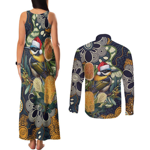 Aussie Honeyeaters Banksia Christmas Couples Matching Tank Maxi Dress and Long Sleeve Button Shirt Aboriginal Dots Painting Blue Motif - Aussie Hoodie