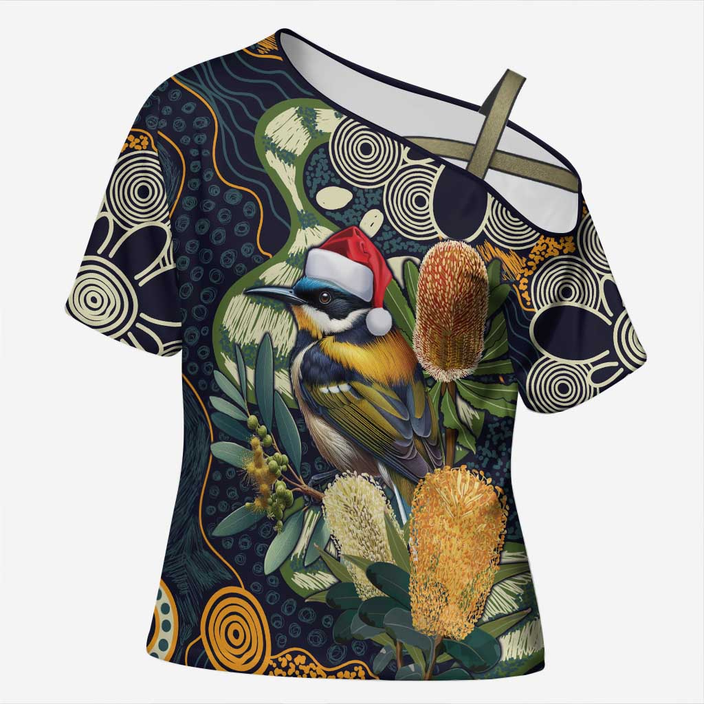 Aussie Honeyeaters Banksia Christmas Cross Shoulder Shirt Aboriginal Dots Painting Blue Motif - Aussie Hoodie