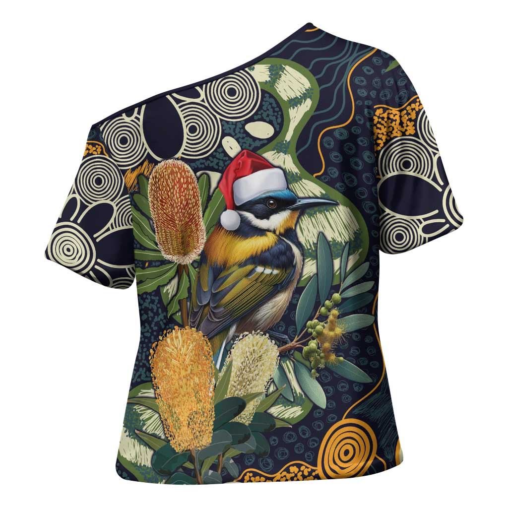 Aussie Honeyeaters Banksia Christmas Cross Shoulder Shirt Aboriginal Dots Painting Blue Motif - Aussie Hoodie