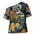Aussie Honeyeaters Banksia Christmas Cross Shoulder Shirt Aboriginal Dots Painting Blue Motif - Aussie Hoodie