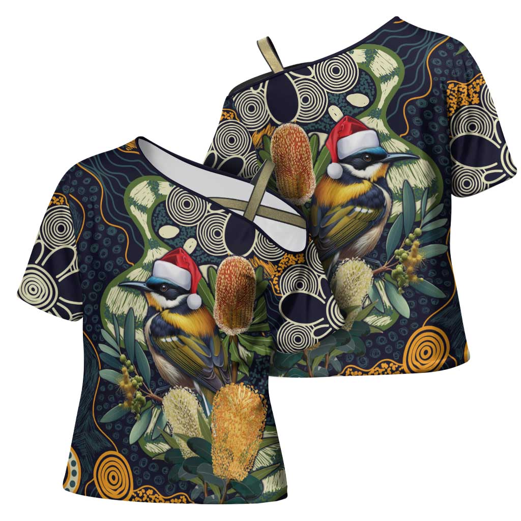 Aussie Honeyeaters Banksia Christmas Cross Shoulder Shirt Aboriginal Dots Painting Blue Motif - Aussie Hoodie
