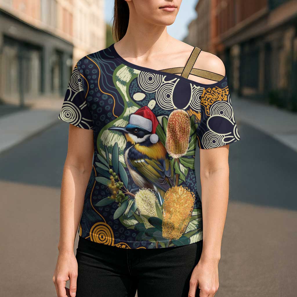 Aussie Honeyeaters Banksia Christmas Cross Shoulder Shirt Aboriginal Dots Painting Blue Motif - Aussie Hoodie