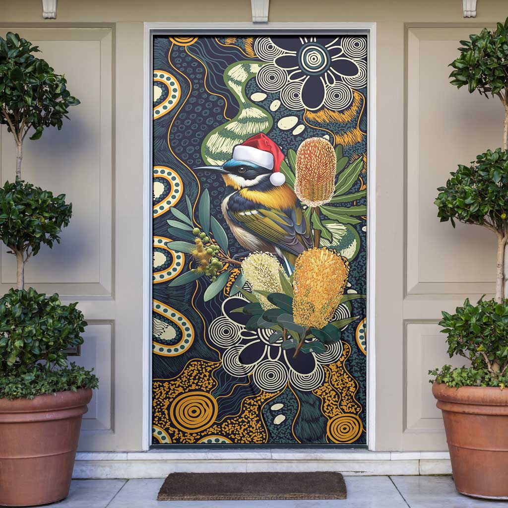 Aussie Honeyeaters Banksia Christmas Door Cover Aboriginal Dots Painting Blue Motif - Aussie Hoodie