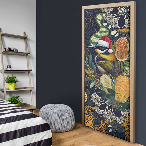 Aussie Honeyeaters Banksia Christmas Door Cover Aboriginal Dots Painting Blue Motif - Aussie Hoodie