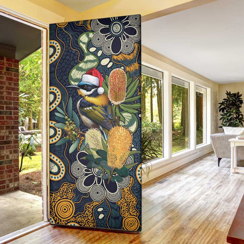 Aussie Honeyeaters Banksia Christmas Door Cover Aboriginal Dots Painting Blue Motif - Aussie Hoodie