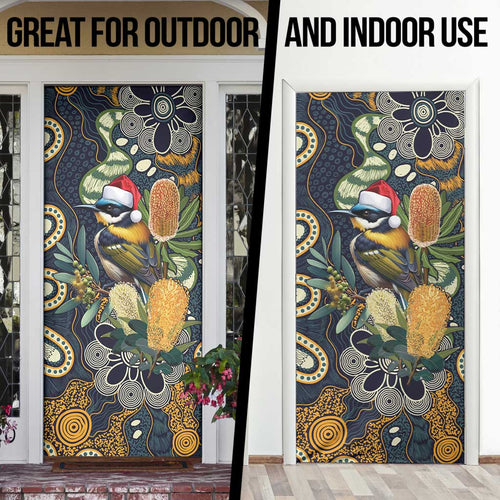 Aussie Honeyeaters Banksia Christmas Door Cover Aboriginal Dots Painting Blue Motif - Aussie Hoodie