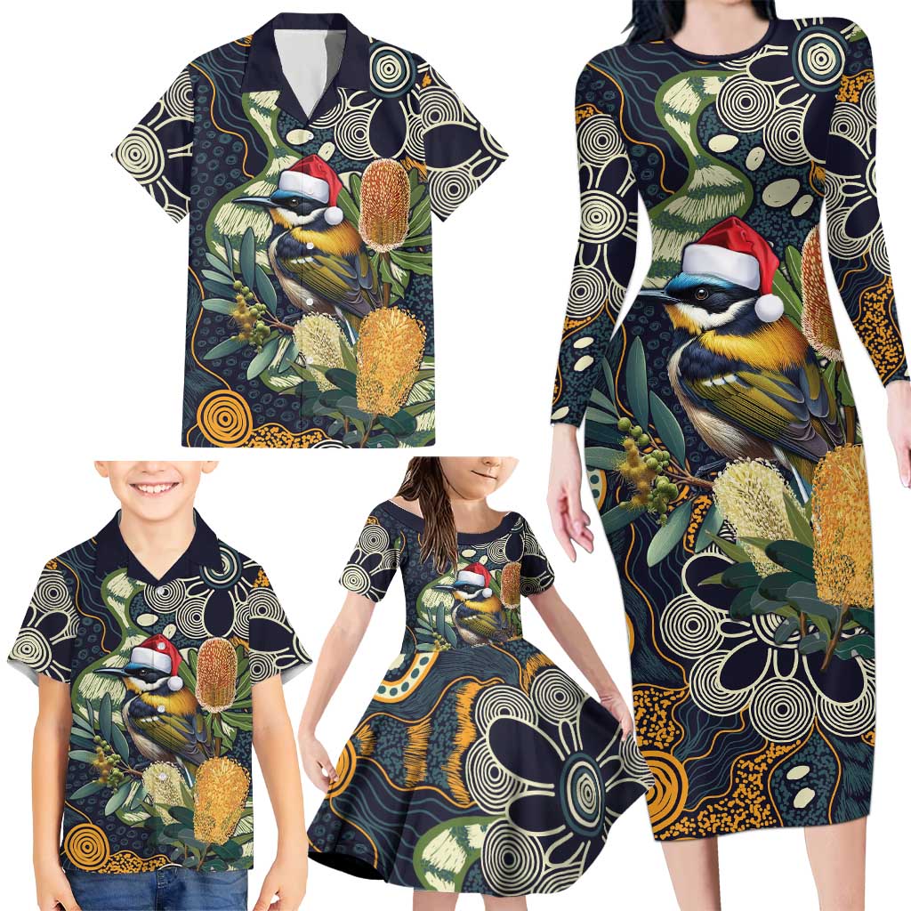 Aussie Honeyeaters Banksia Christmas Family Matching Long Sleeve Bodycon Dress and Hawaiian Shirt Aboriginal Dots Painting Blue Motif - Aussie Hoodie