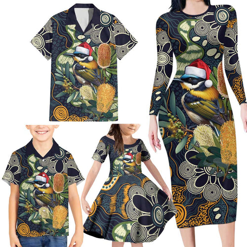 Aussie Honeyeaters Banksia Christmas Family Matching Long Sleeve Bodycon Dress and Hawaiian Shirt Aboriginal Dots Painting Blue Motif - Aussie Hoodie