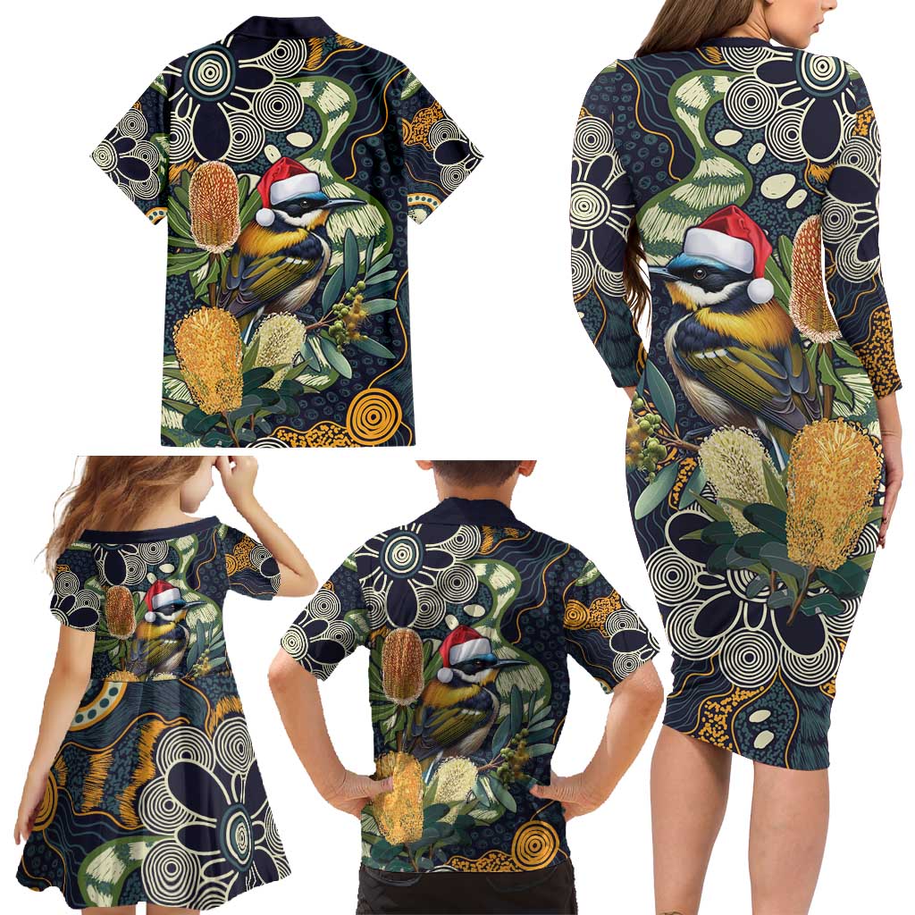 Aussie Honeyeaters Banksia Christmas Family Matching Long Sleeve Bodycon Dress and Hawaiian Shirt Aboriginal Dots Painting Blue Motif - Aussie Hoodie