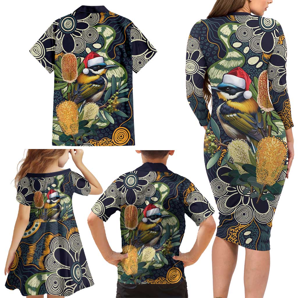 Aussie Honeyeaters Banksia Christmas Family Matching Long Sleeve Bodycon Dress and Hawaiian Shirt Aboriginal Dots Painting Blue Motif - Aussie Hoodie