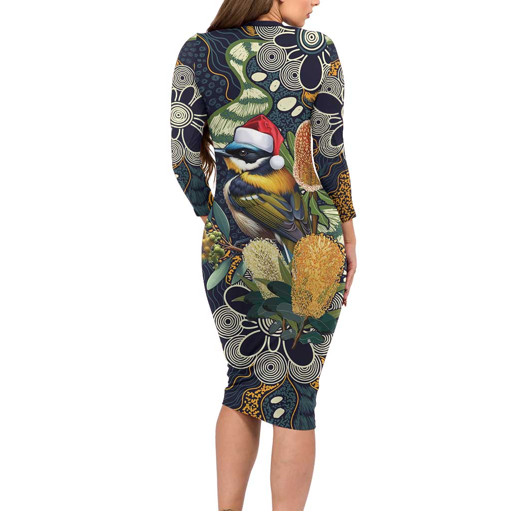 Aussie Honeyeaters Banksia Christmas Family Matching Long Sleeve Bodycon Dress and Hawaiian Shirt Aboriginal Dots Painting Blue Motif - Aussie Hoodie