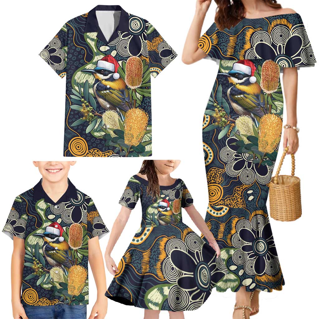 Aussie Honeyeaters Banksia Christmas Family Matching Mermaid Dress and Hawaiian Shirt Aboriginal Dots Painting Blue Motif - Aussie Hoodie