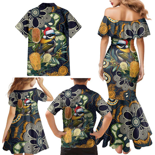 Aussie Honeyeaters Banksia Christmas Family Matching Mermaid Dress and Hawaiian Shirt Aboriginal Dots Painting Blue Motif - Aussie Hoodie