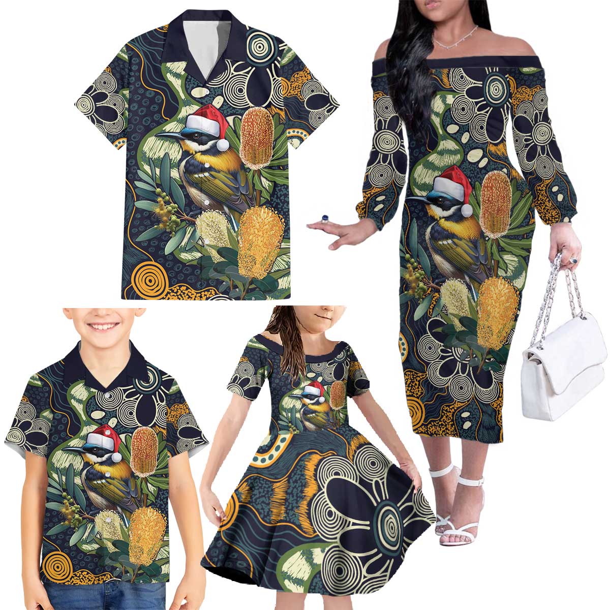 Aussie Honeyeaters Banksia Christmas Family Matching Off The Shoulder Long Sleeve Dress and Hawaiian Shirt Aboriginal Dots Painting Blue Motif - Aussie Hoodie
