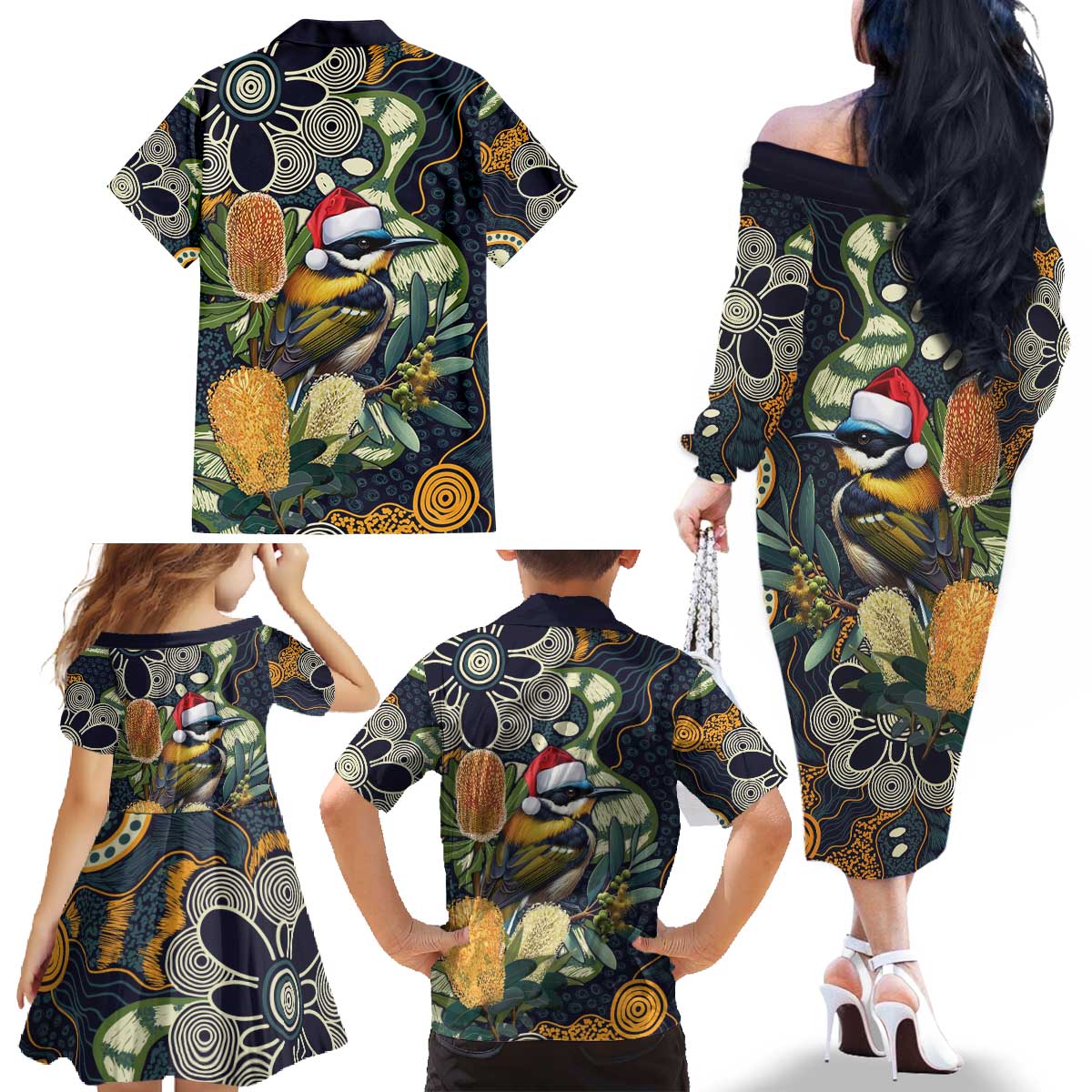 Aussie Honeyeaters Banksia Christmas Family Matching Off The Shoulder Long Sleeve Dress and Hawaiian Shirt Aboriginal Dots Painting Blue Motif - Aussie Hoodie