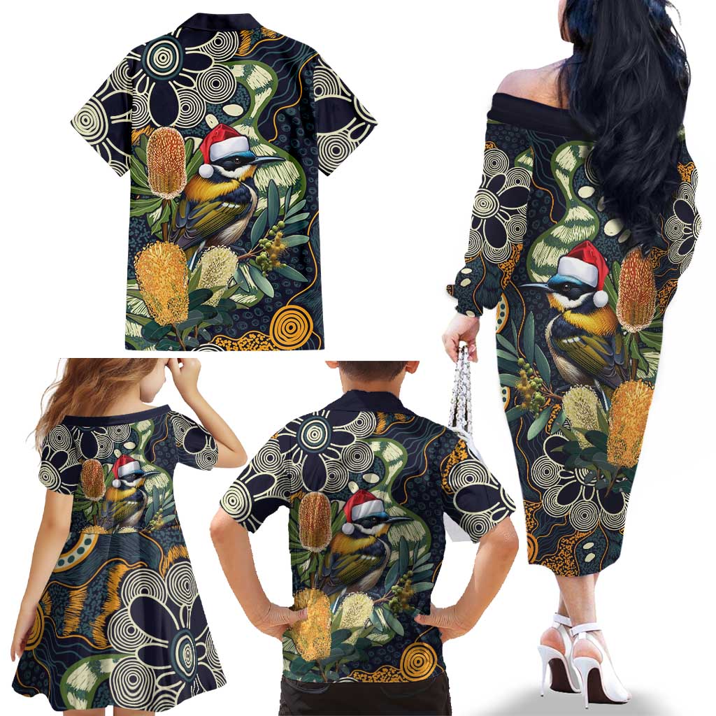 Aussie Honeyeaters Banksia Christmas Family Matching Off The Shoulder Long Sleeve Dress and Hawaiian Shirt Aboriginal Dots Painting Blue Motif - Aussie Hoodie