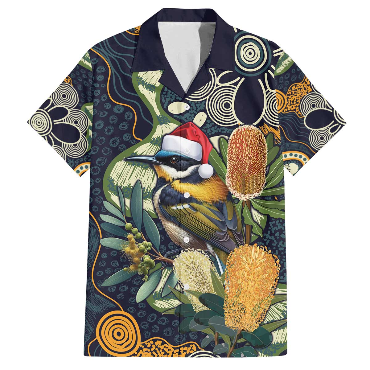 Aussie Honeyeaters Banksia Christmas Family Matching Off The Shoulder Long Sleeve Dress and Hawaiian Shirt Aboriginal Dots Painting Blue Motif - Aussie Hoodie