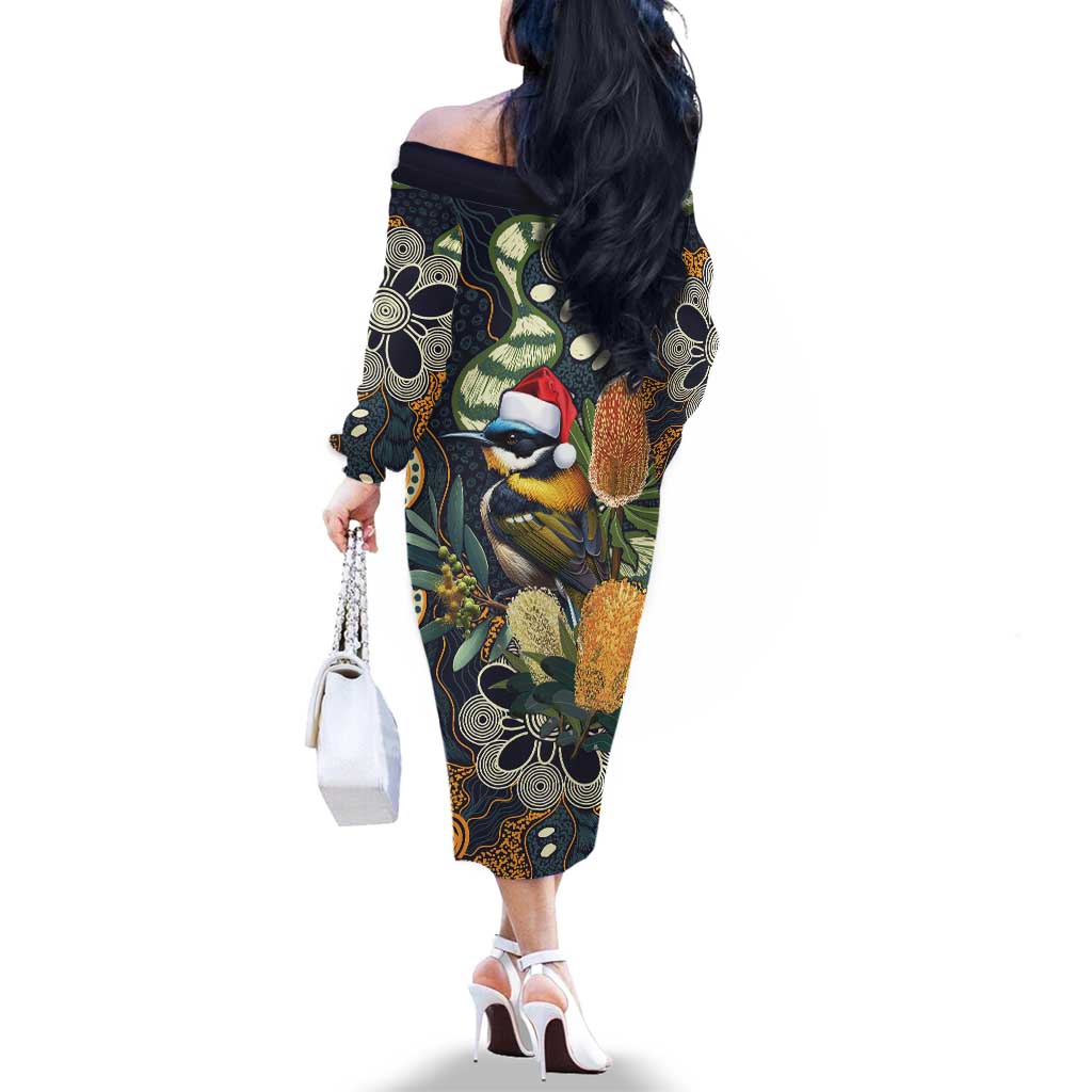 Aussie Honeyeaters Banksia Christmas Family Matching Off The Shoulder Long Sleeve Dress and Hawaiian Shirt Aboriginal Dots Painting Blue Motif - Aussie Hoodie